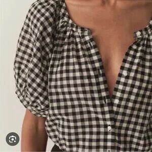 Doen Black and White Gingham Puff-Sleeve Button Blouse